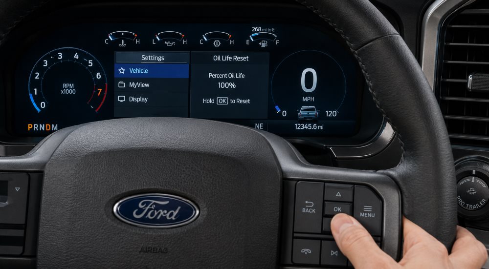 Hand using Ford steering wheel controls to navigate the dashboard message center