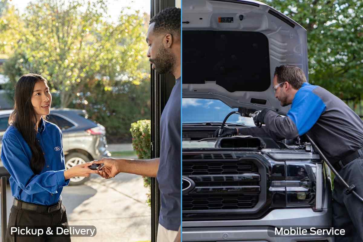 Split-screen banner comparing Ford Pickup & Delivery key handoff service with Ford Mobile Service on-site vehicle maintenance, highlighting two convenient Ford service options.