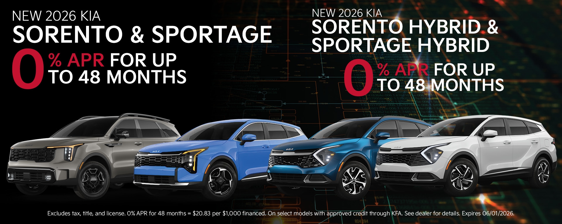 New 2026 Kia Sorento, Sportage Hybrid Finance for 0% APR