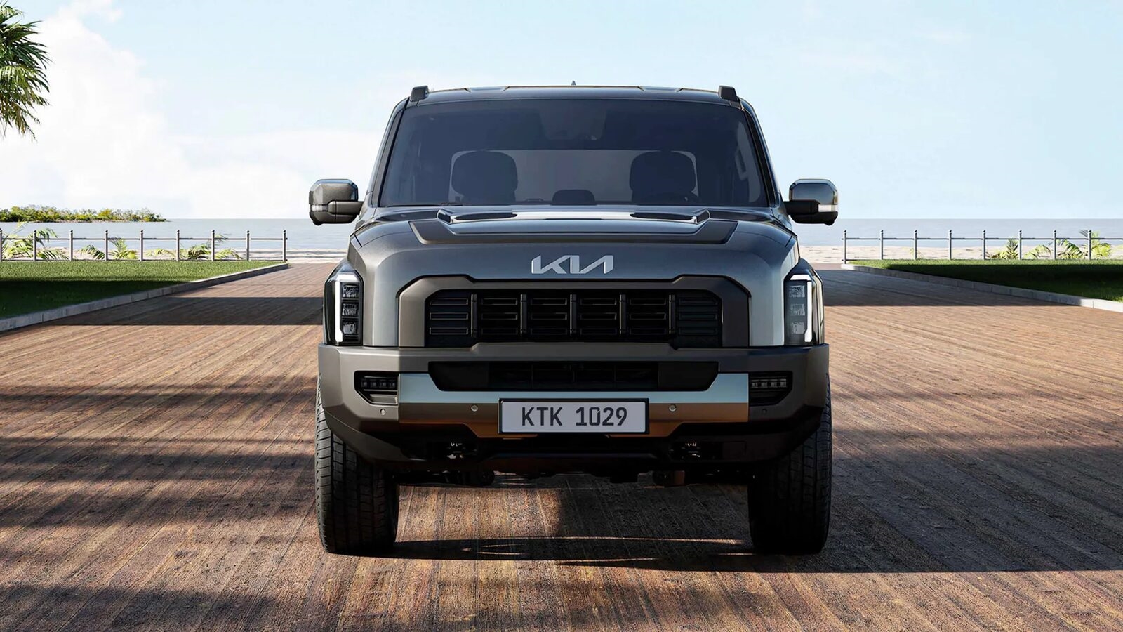Kia Tasman truck front three-quarter view showcasing design