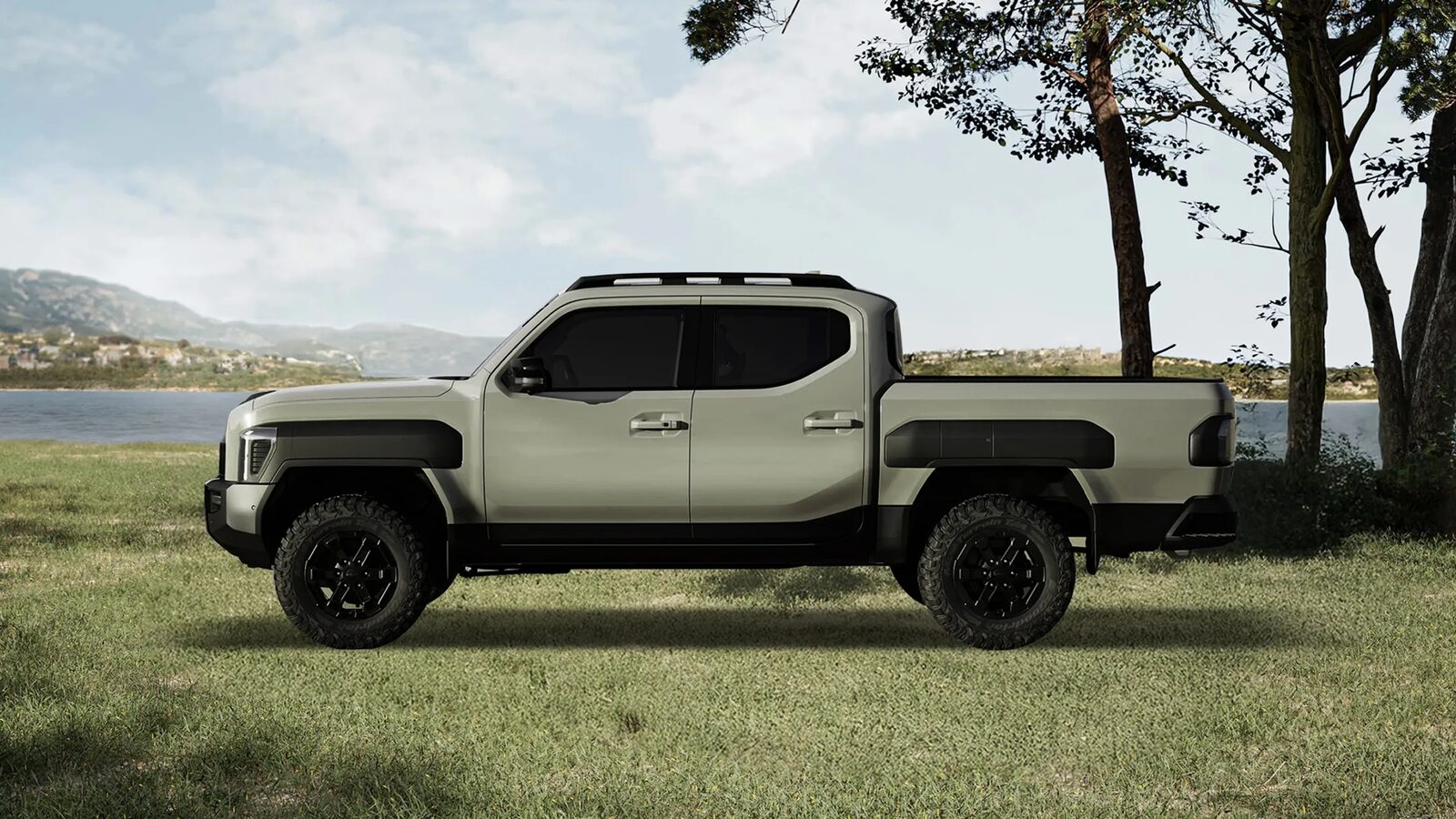 Kia Tasman pickup truck side profile in natural landscape
