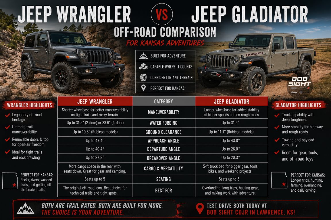 Jeep Wrangler vs Gladiator in Lawrence KS comparing Kansas lifestyle capability and versatility