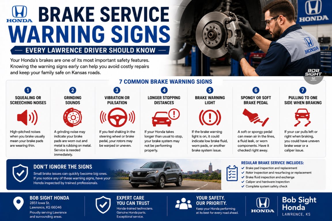 Honda brake service warning signs in Lawrence Kansas at Bob Sight Honda featuring brake inspection and brake pad replacement for safe commuting