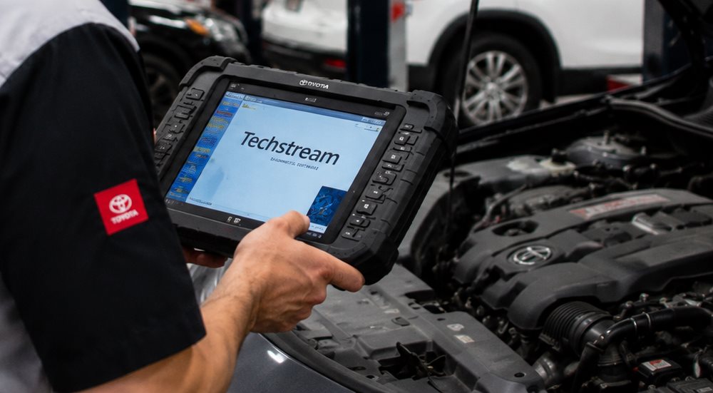 Certified Toyota technician using Techstream diagnostic at Toyota of Downtown Chicago