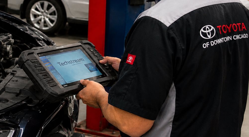 Toyota of Downtown Chicago service bay with Toyota-trained technician performing vehicle inspection