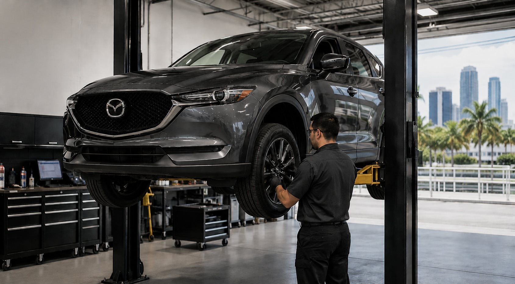 Mazda CX-5 on a service lift in the Brickell Mazda bay with a technician inspecting it