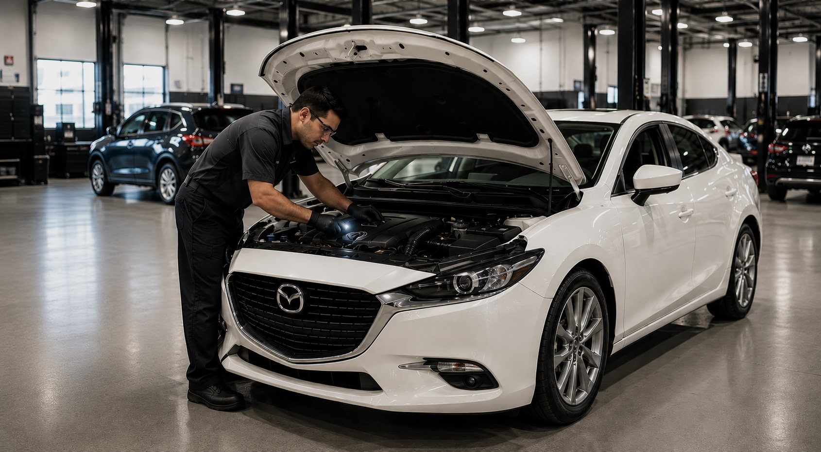 Brickell Mazda technician performing a multi-point inspection on a Mazda in the Miami service bay