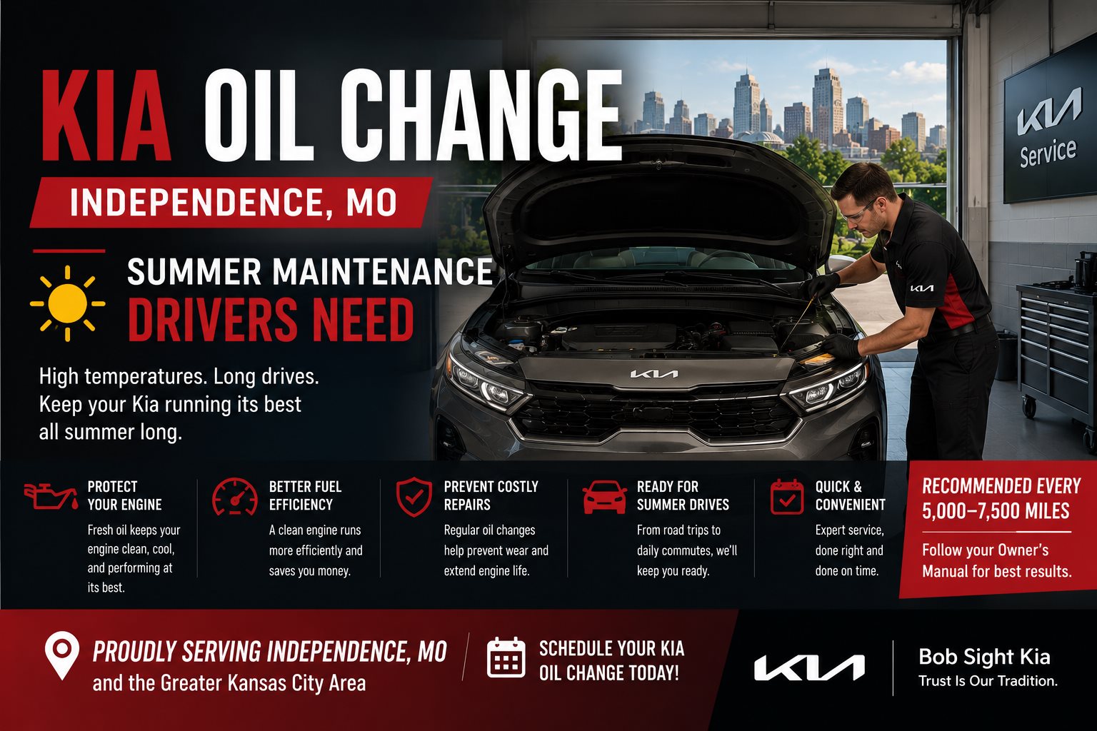 Kia oil change service in Independence Missouri at Bob Sight Kia for summer maintenance and Kansas City driving