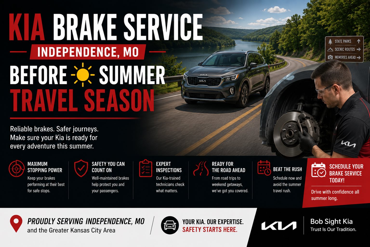 Kia brake service in Independence Missouri at Bob Sight Kia before summer travel season for Kansas City drivers