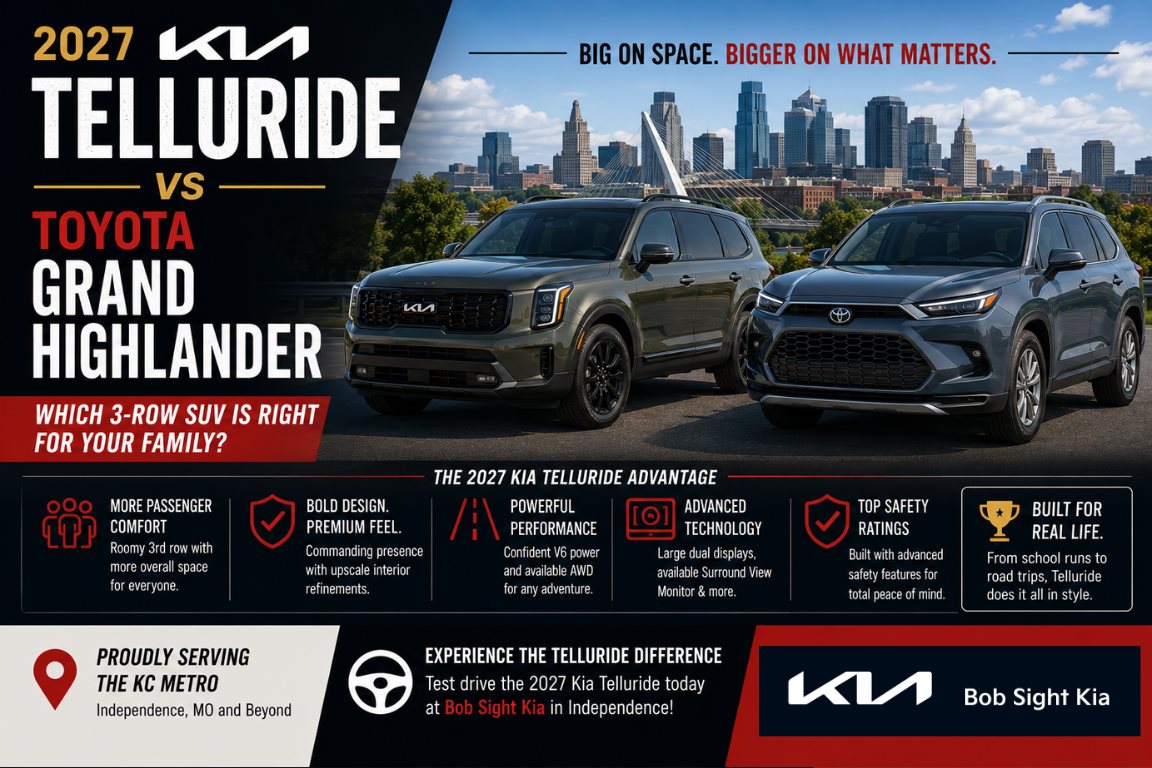 2027 Kia Telluride vs Toyota Grand Highlander family SUV comparison for Kansas City Metro drivers at Bob Sight Kia