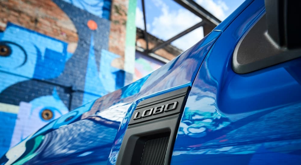 Close-up on the badge of a blue 2026 Ford Maverick Lobo.