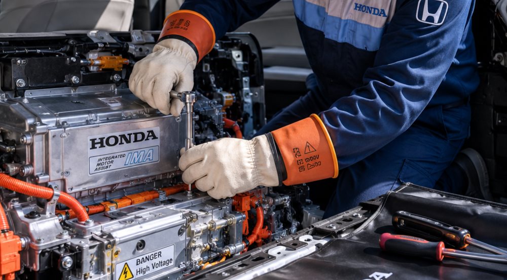 Honda-certified technician servicing a Honda CR-V Hybrid high-voltage battery at Honda Libertyville