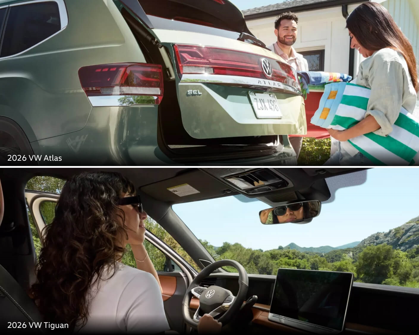 2026 VW Atlas exterior shown and 2026 VW Tiguan interior shown