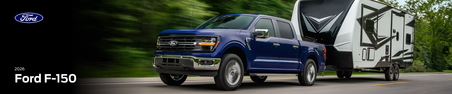 A 2026 Ford F-150® XL pickup in Atlas Blue Metallic pulling a camper