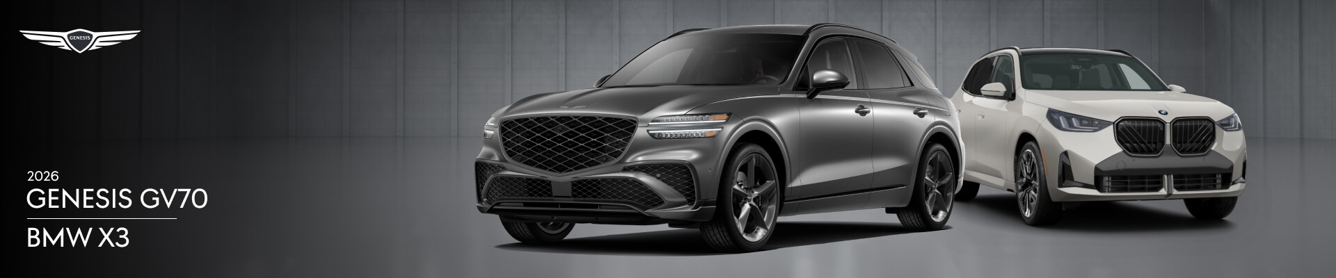 A 2026 Genesis GV70 3.5T Sprt Prestige AWD in Makalu Gray and a 2026 BMW X3 xDrive in Dune Grey Metallic parked in a garage