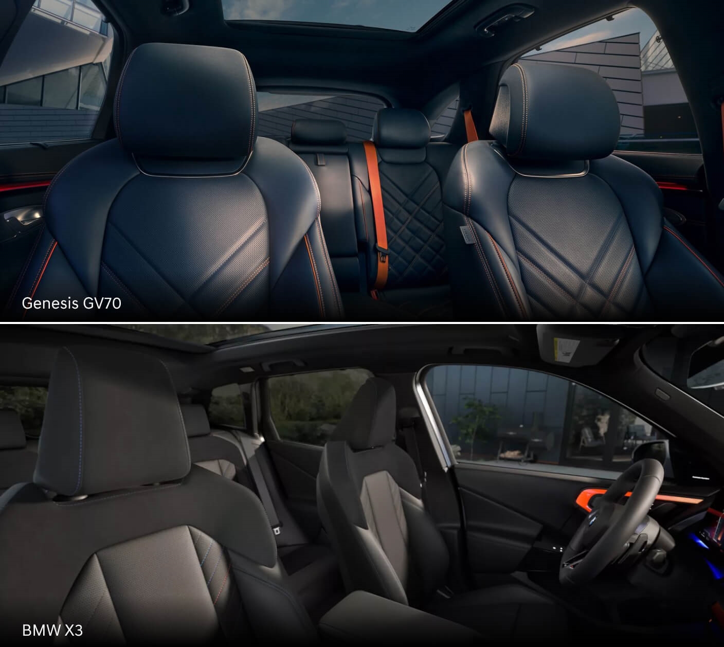 Top: 2026 Genesis GV70 interior in Obsidian Black & Ultra-Marine Blue details, Bottom: BMW X3 SUV Interior featuring sport seats for driver and front passenger