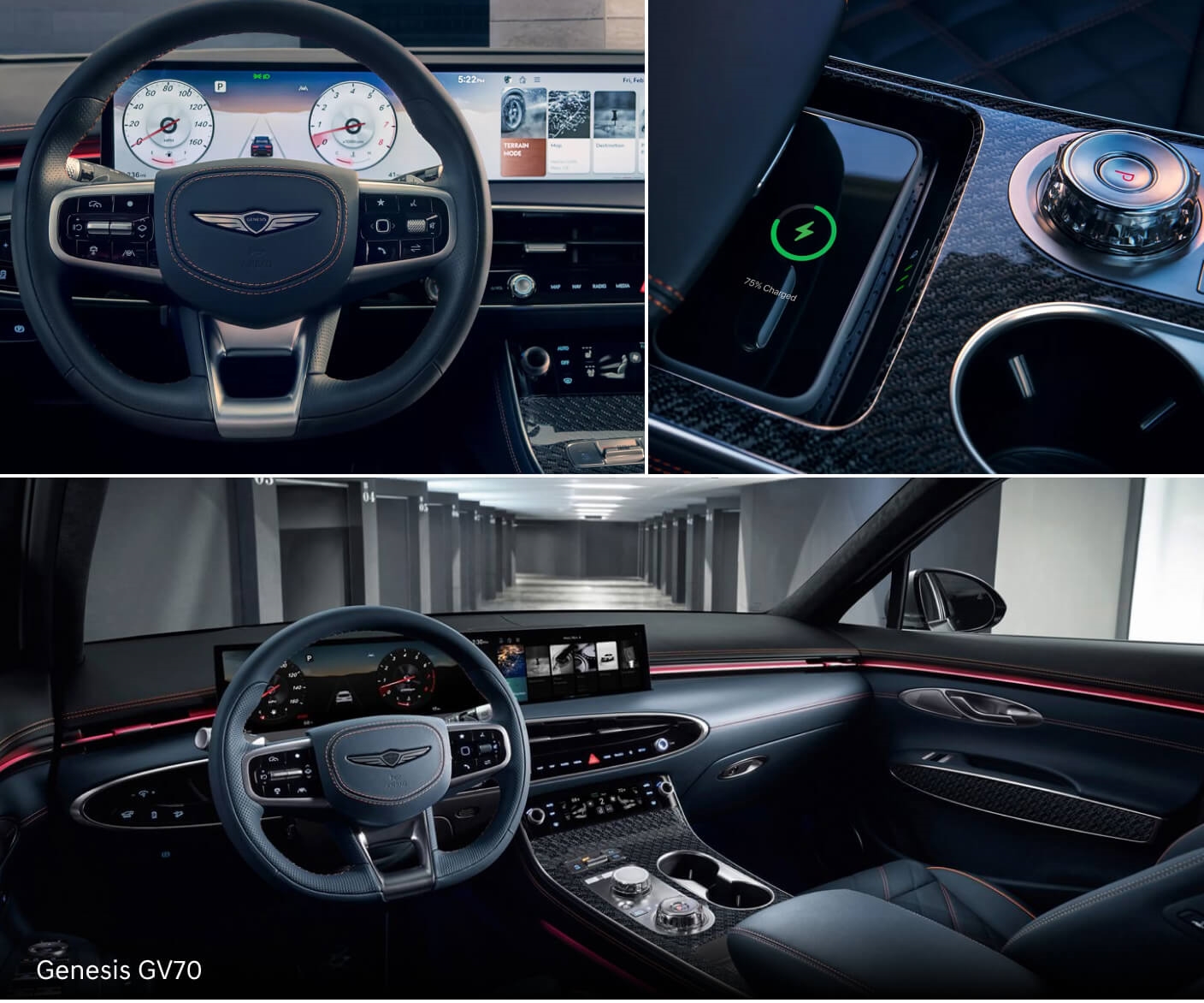 Top: Genesis GV70 interior features including 27-inch OLED navigation display and wireless charger