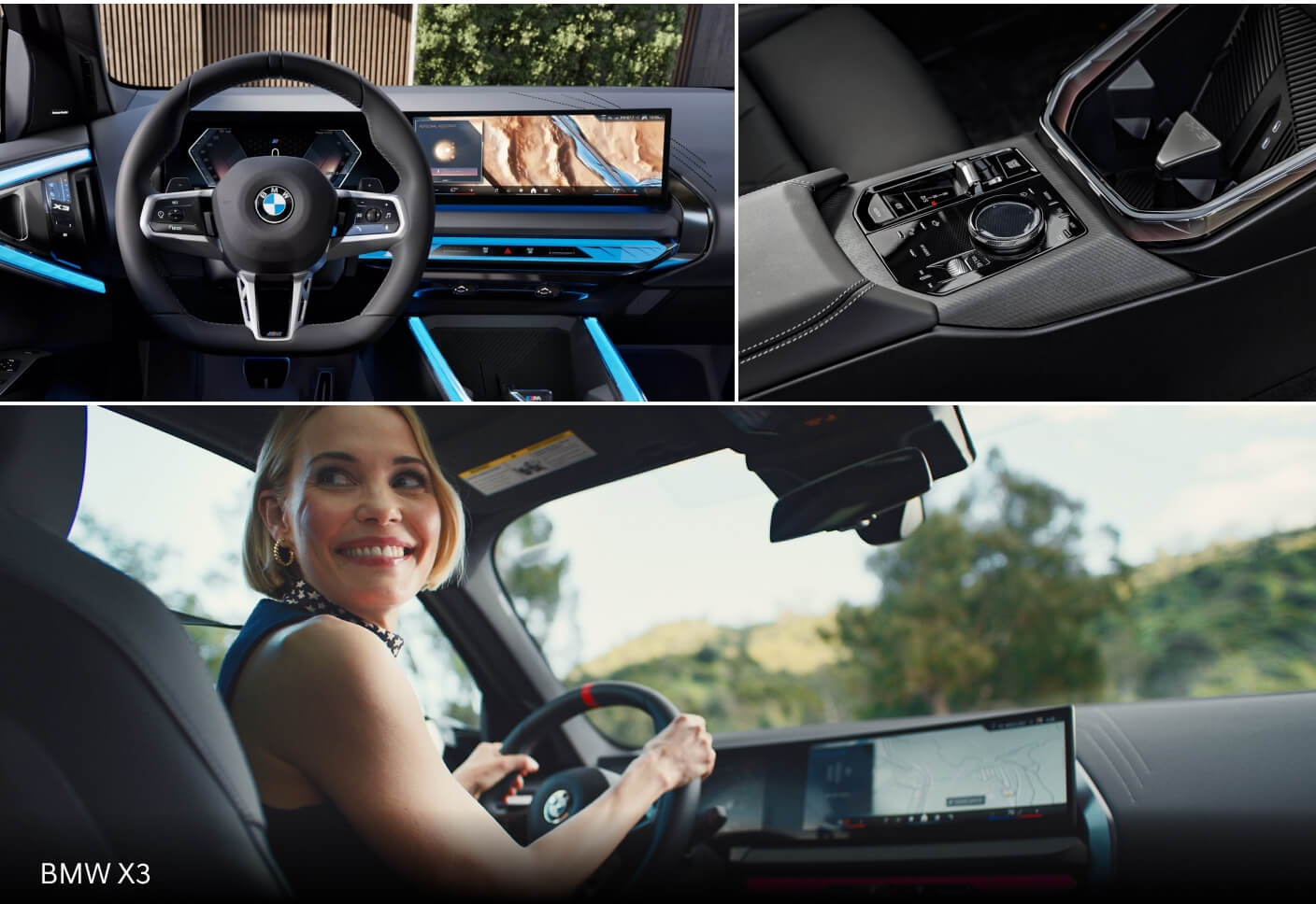 Bottom: BMW X3 interior features including navigation screen and center console