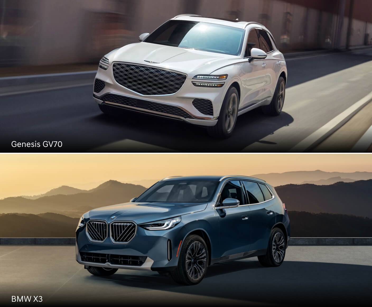Top: A white Genesis GV70 speeding down a road, Bottom: A blue BMW X3 30 xDrive parked in front of a mountain landscape