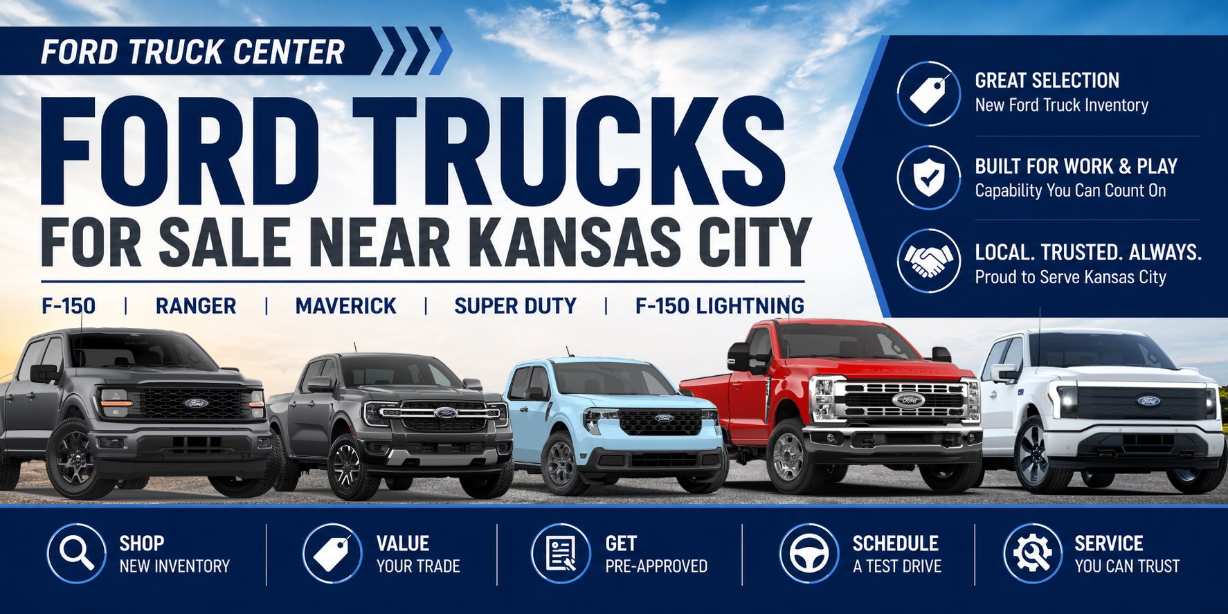 Ford Trucks for Sale Near Kansas City featuring Ford F-150, Ranger, Maverick, Super Duty, and F-150 Lightning at Bob Sight Ford in Lee's Summit Missouri