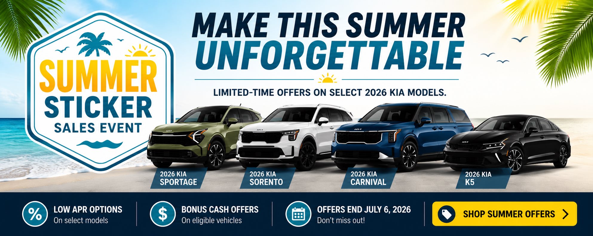 Summer Sticker Sales Event header image featuring 2026 Kia Sportage, Sorento, Carnival, and K5 offers in Independence Missouri