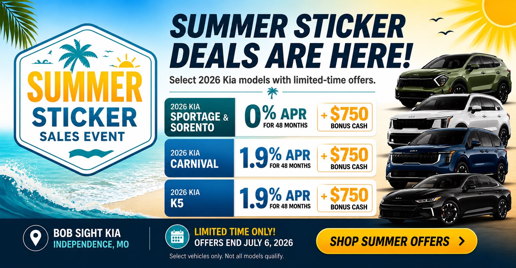 Summer Sticker Sales Event banner highlighting Kia Sportage, Sorento, Carnival, and K5 offers in Independence Missouri