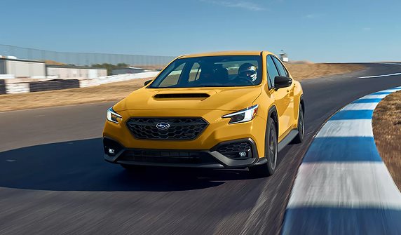 Close-up of the WRX Series.Yellow STI-tuned electronically adjustable damper suspension component