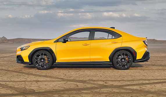 Close-up of the WRX Series.Yellow 19-inch matte-black-finish alloy wheel with Bridgestone Potenza tire