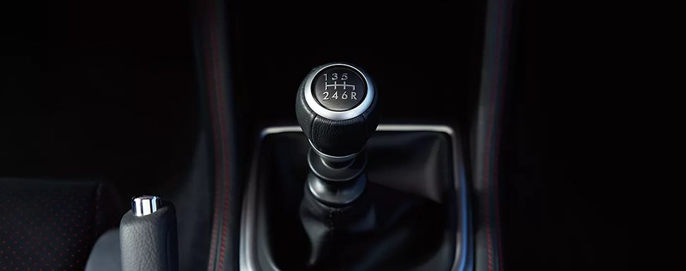 Close-up of the WRX 6-speed manual transmission shifter in the center console