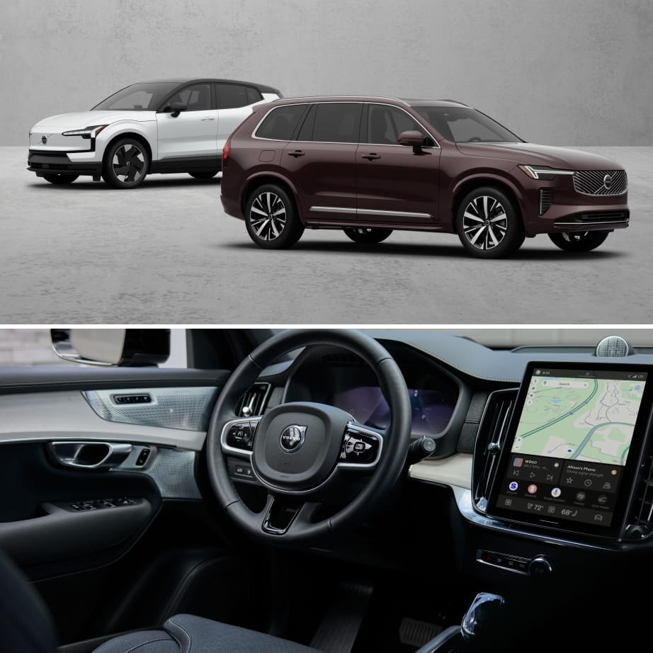 Top Image: On the left the 2026 Volvo EX30 Plus in Crystal White exterior color and on the right the 2026 Volvo XC90 Core in Mulberry Red exterior color, parked in a minimalist setting; below is a sleek XC90 interior with a digital display and map.