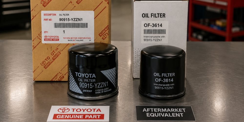 Genuine Toyota Part in factory packaging next to an aftermarket equivalent