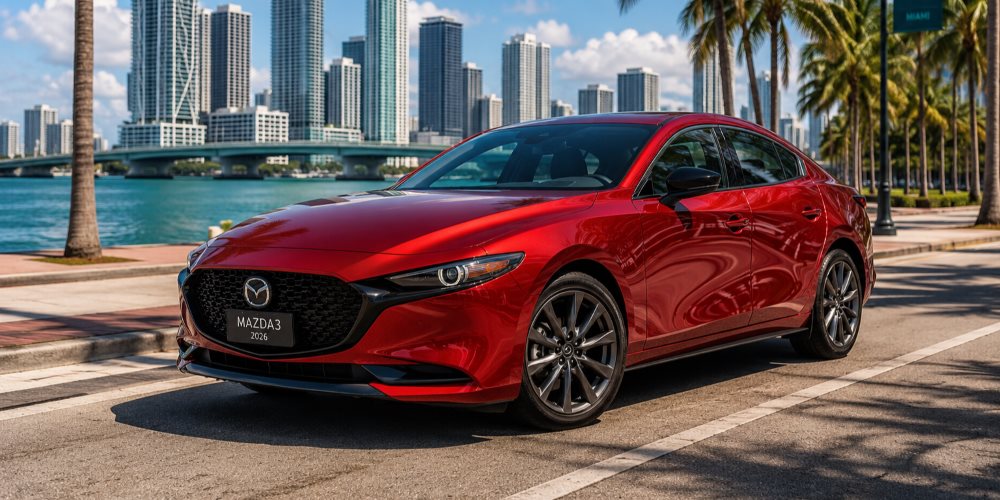 2026 Mazda3 Sedan in Soul Red Crystal parked on a Miami street