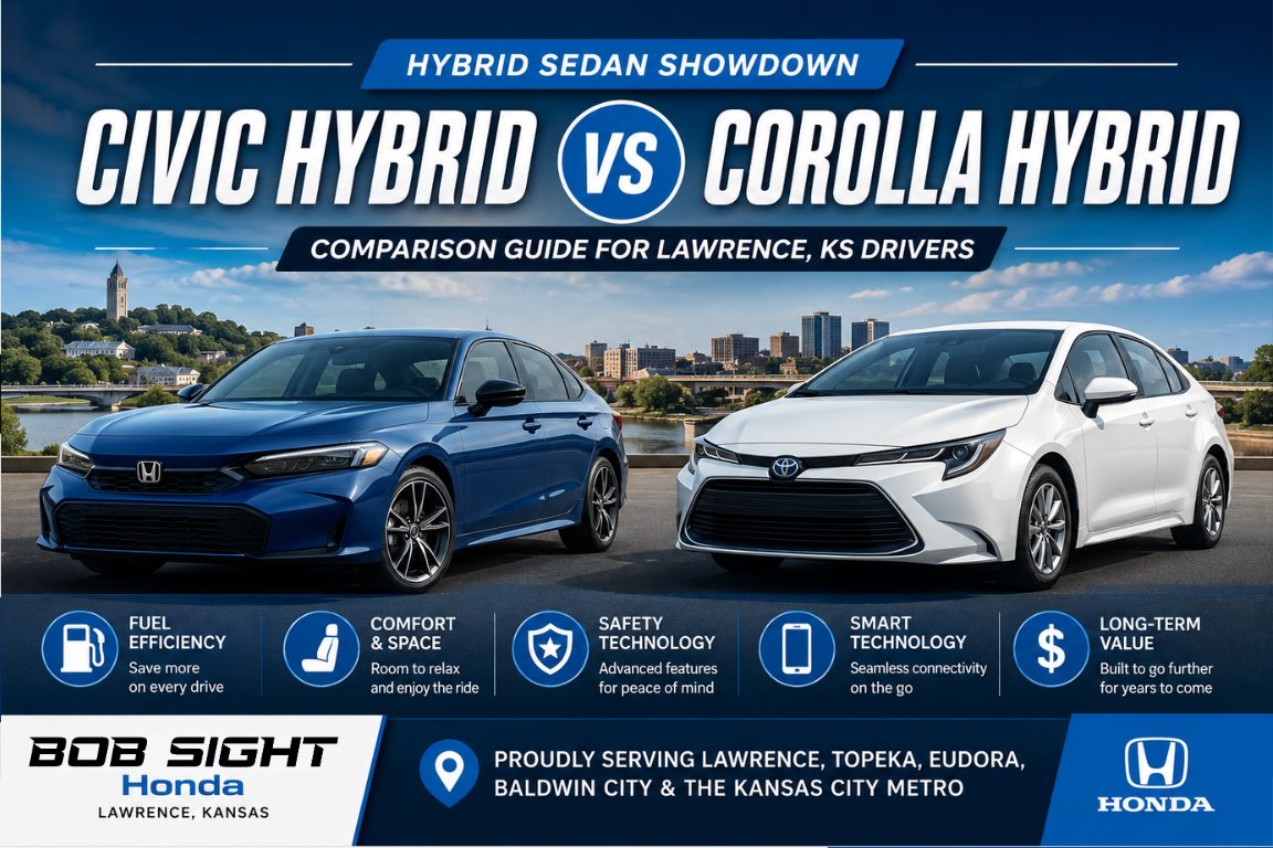 Honda Civic Hybrid vs Corolla Hybrid comparison for Lawrence KS drivers shopping for a fuel efficient hybrid sedan at Bob Sight Honda