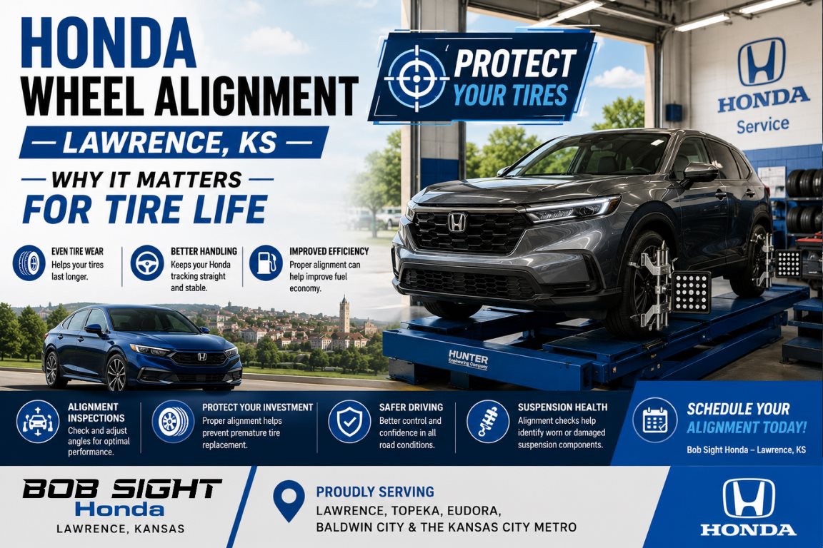 Honda wheel alignment in Lawrence KS for better tire life handling and certified service at Bob Sight Honda
