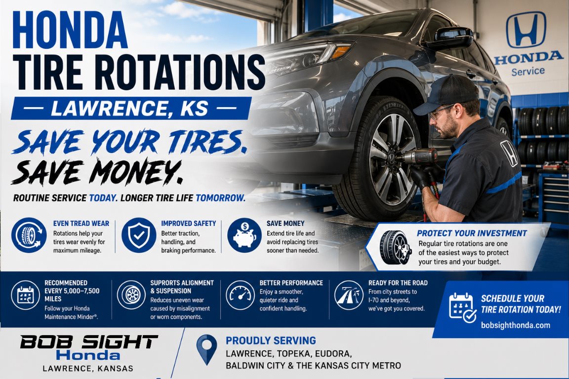 Honda tire rotations in Lawrence KS and why routine tire rotations help extend tire life at Bob Sight Honda