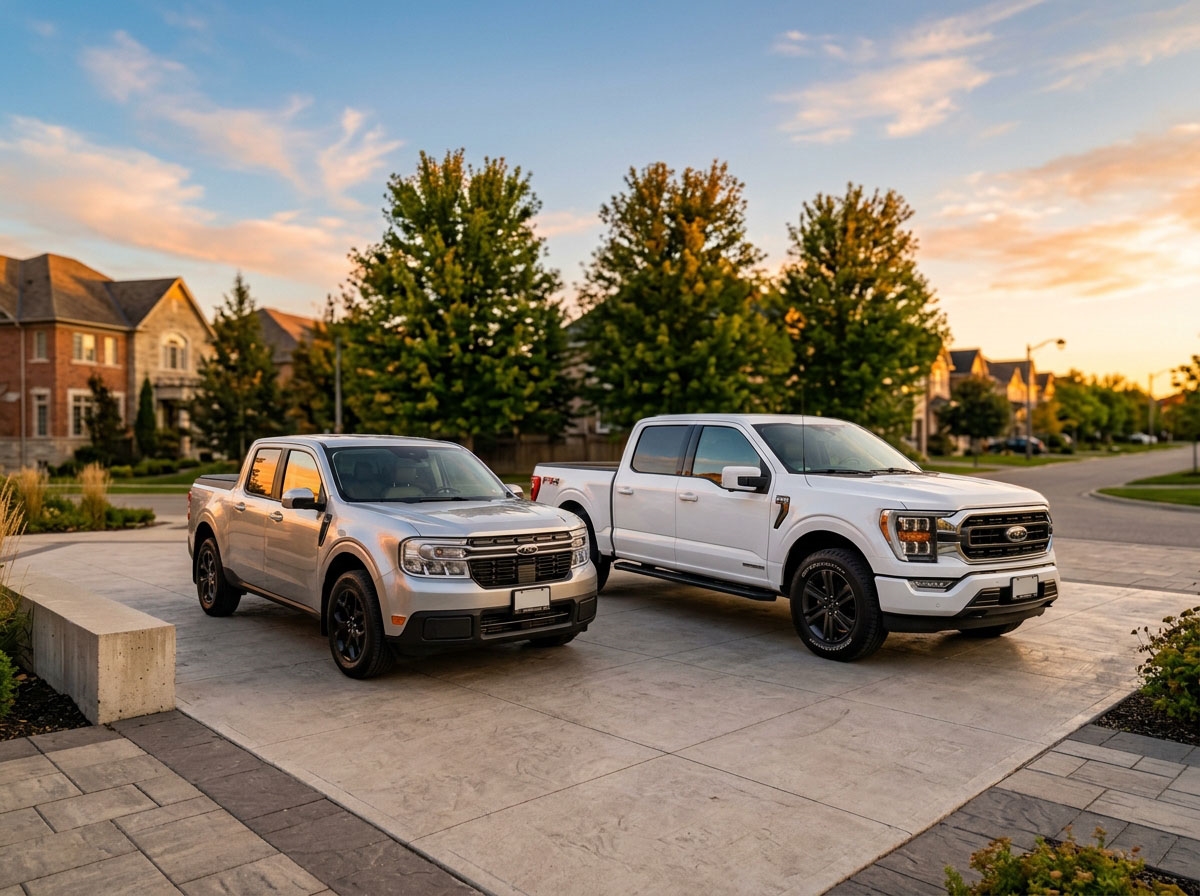 Photorealistic automotive photography, wide-angle shot of a new silver Ford Maverick and a white Ford F-150 parked together on a clean, modern pavement, cinematic golden hour lighting, warm sunlight reflecting off polished metallic surfaces, lush green trees and soft suburban architecture in the bac
