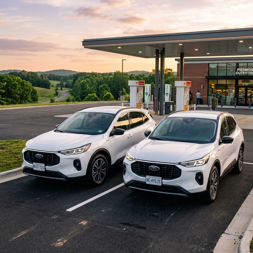 A photorealistic, low-angle cinematic shot of a sleek 2026  Ford Escape hybrid in Star White, parked side-by-side at a clean, contemporary gas station during golden hour, the rolling green hills and lush deciduous trees of the North Carolina Piedmont landscape visible in the background, warm late-af