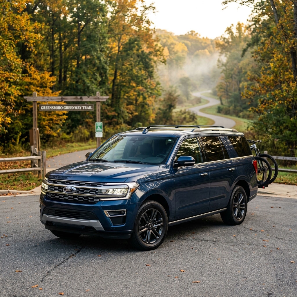A stunning 2026 Ford Expedition in a deep metallic navy blue parked at the entrance of a lush greenway in Greensboro, North Carolina, commercial automotive photography, low-angle three-quarter front view highlighting its grand size and modern grille, rolling hills of the Piedmont region in the backg