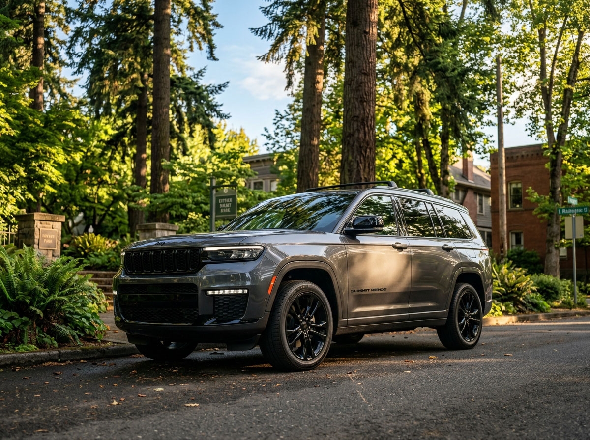 A sophisticated 2026 full-size three-row SUV in a sleek Nightshade trim, metallic charcoal paint with blacked-out accents and gloss-black wheels, parked on a clean asphalt street in a historic Pacific Northwest neighborhood, towering Douglas firs and lush green ferns in the background, warm golden h