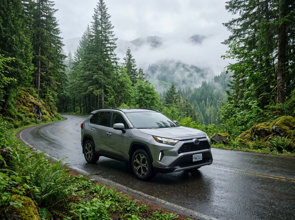 A sleek 2026 Toyota RAV4 Hybrid in a modern metallic silver finish, positioned on a winding damp asphalt road through a lush Pacific Northwest forest, towering Douglas firs and moss-covered rocks lining the roadside, distant misty mountains shrouded in low clouds, soft diffused light of an overcast 