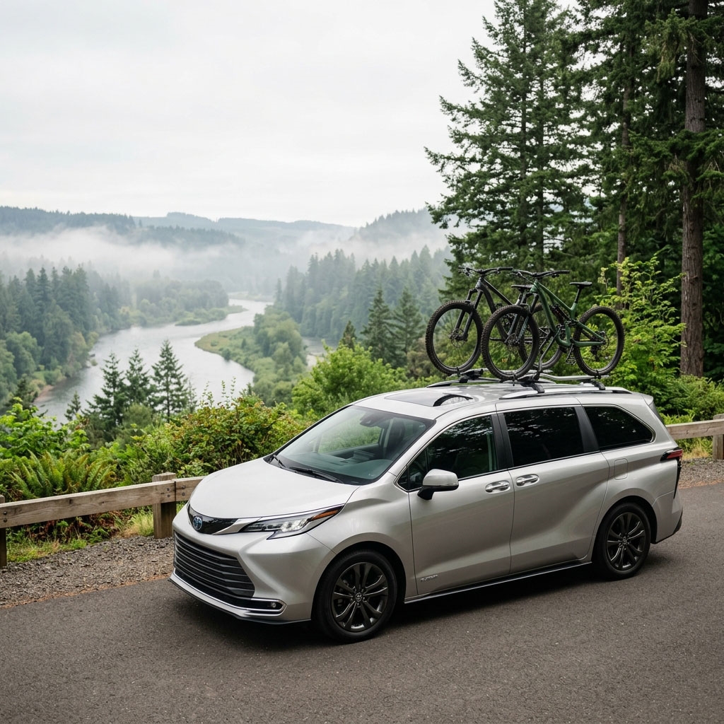 High-end automotive photography of a 2026 Toyota Sienna Platinum in a sleek metallic finish, parked on a scenic viewpoint overlooking the Willamette River in the Pacific Northwest, towering Douglas firs and a hazy morning mist in the background, three-quarter front profile, eye-level camera angle, s