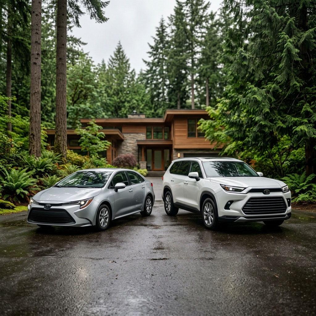 A sleek 2026 Toyota Corolla Hybrid in metallic silver and a white Toyota Grand Highlander parked side-by-side in the driveway of a contemporary Pacific Northwest home, lush green Douglas firs and vibrant ferns in the background, damp asphalt reflecting a soft diffused overcast sky typical of the Por
