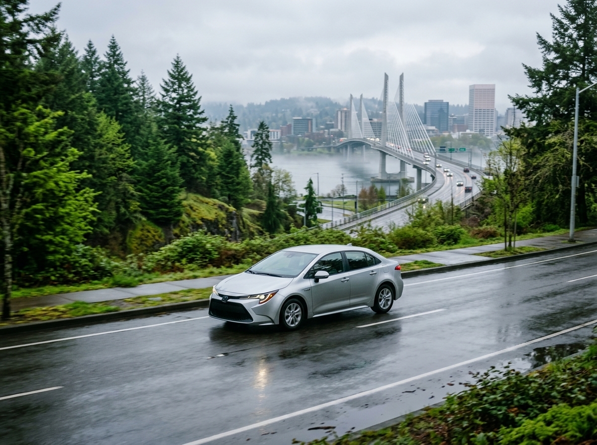 A sleek, silver Toyota Corolla Hybrid cruising smoothly through the misty morning streets of a Pacific Northwest city, vibrant green pine trees and damp asphalt reflecting the soft, overcast light, the Willamette River visible in the distance with a modern bridge spanning the water, cinematic wide-a