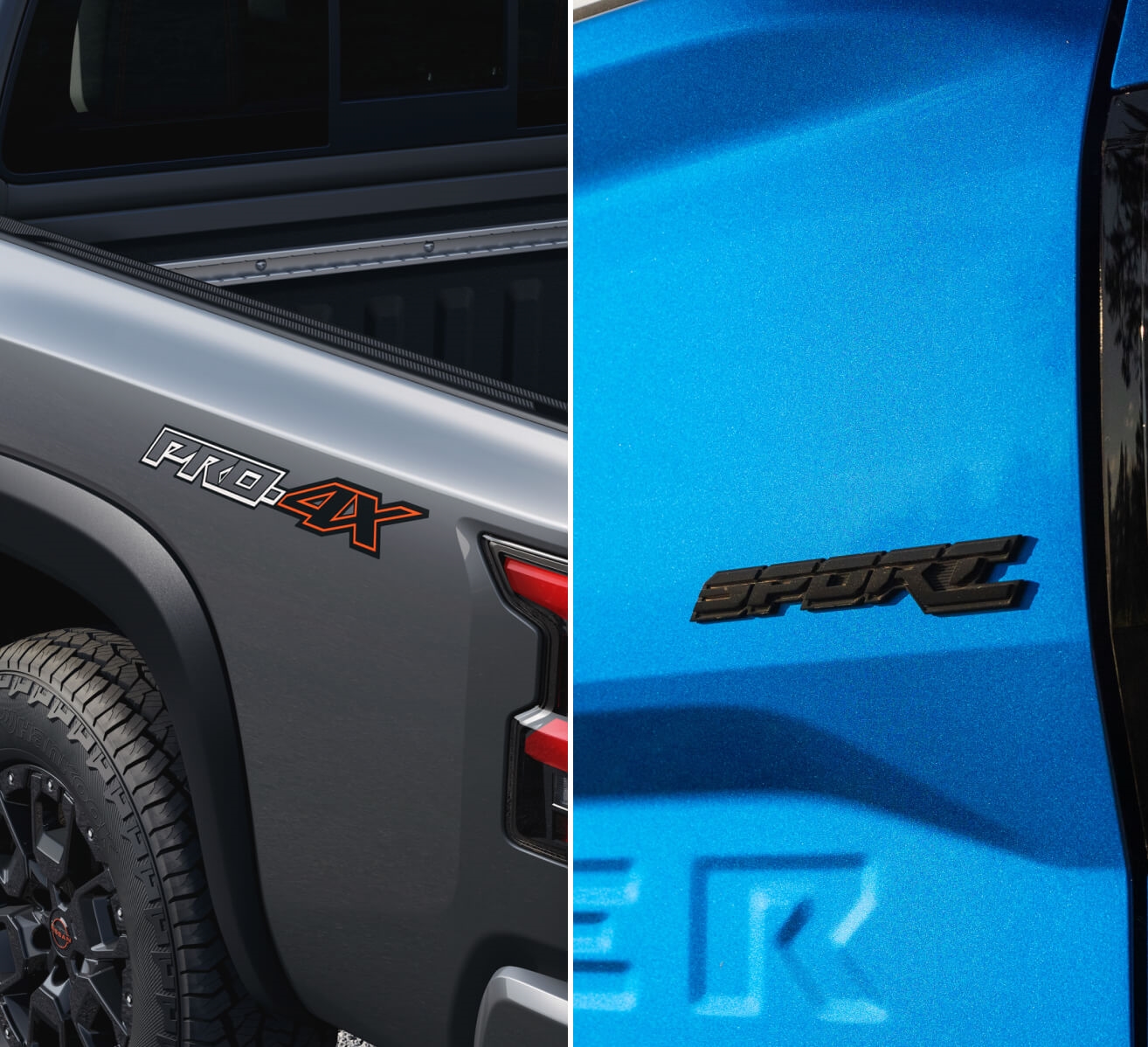 Nissan Frontier PRO-4X and Nissan Frontier Sport shown from the rear to accent vehicle trim badges.