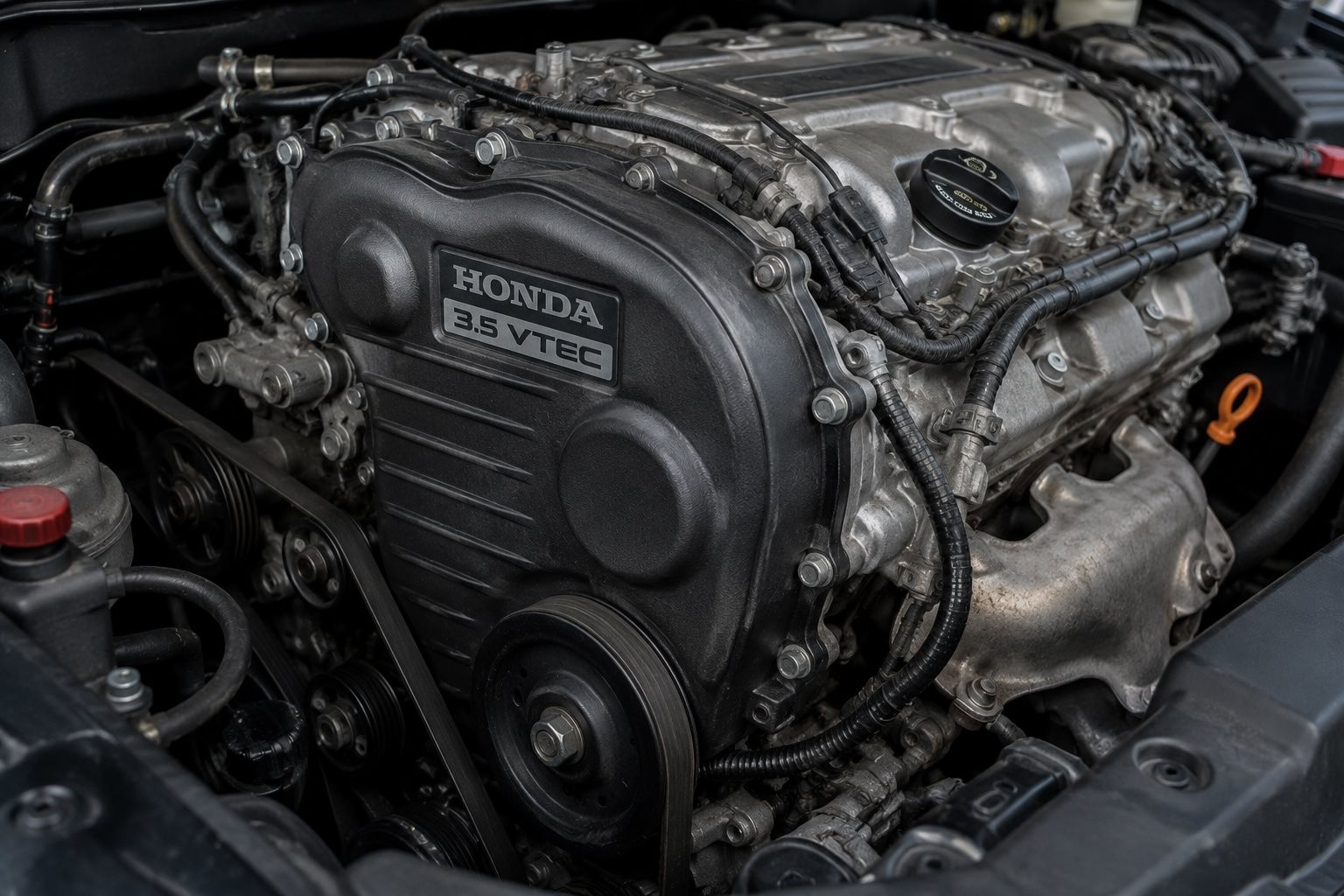 Honda J35 timing belt and water pump components at Brickell Honda service bay