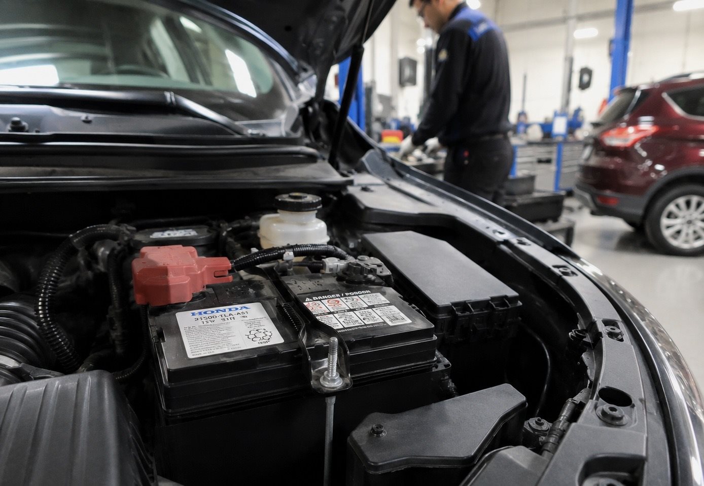 Honda OEM battery in engine bay with technician in background at Honda Libertyville service center, Lake County Illinois