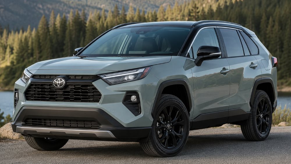 2026 Toyota RAV4 parked at a Chicago dealership, one model charging on a Level 2 unit and one at a fuel pump, illustrating the hybrid versus plug-in hybrid choice