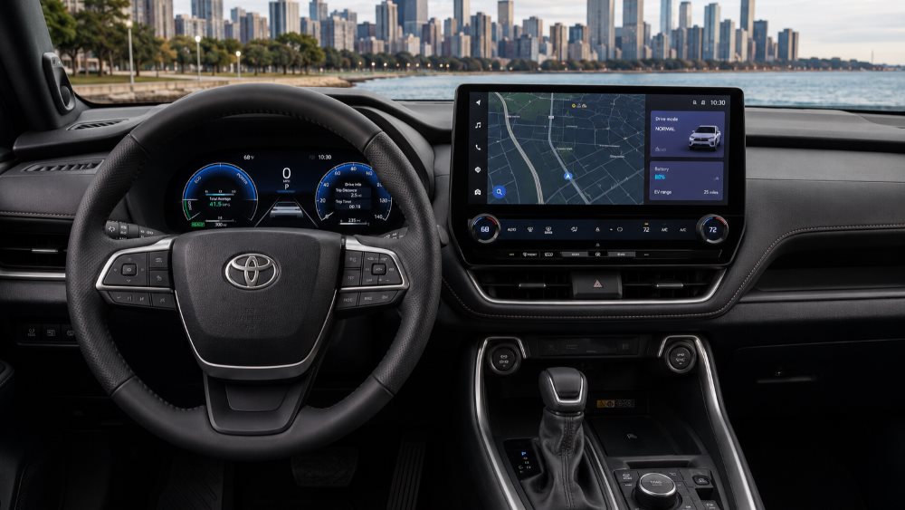 2026 Toyota RAV4 plug-in hybrid charging port with a Level 2 connector plugged in