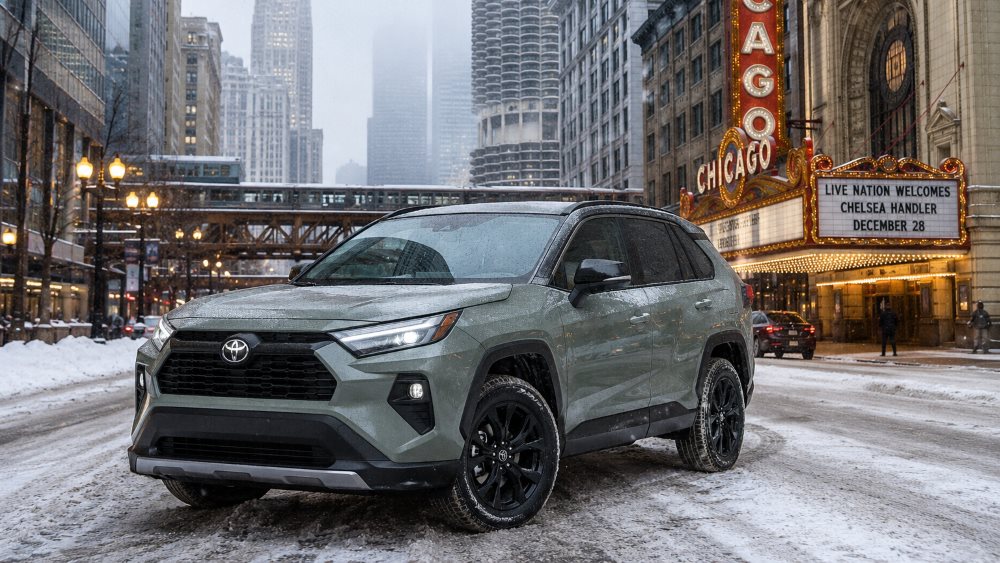 2026 Toyota RAV4 driving on a snow-dusted Chicago street in winter