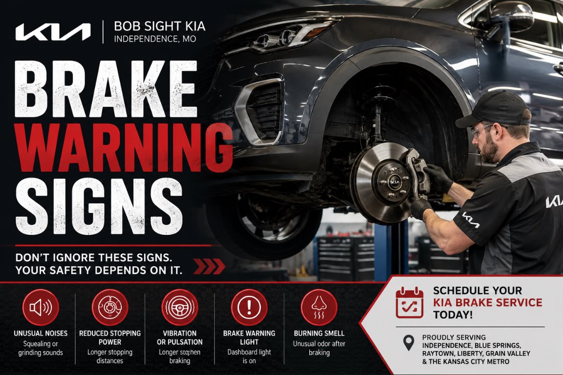 Kia brake pad replacement in Independence Missouri at Bob Sight Kia with signs that brake service should not wait